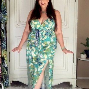 Full length plus size jumpsuit pants tropical print side slits sz 3x